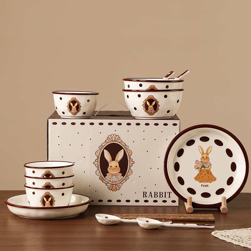 Creative Retro Rhea Rabbit Bowl,Plate,Chopsticks Set For Four People Ceramic Tableware Bank Real Estate Souvenir Bowl Set