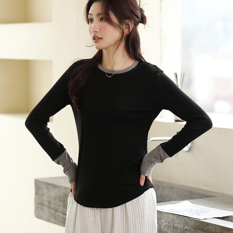 Contrast Color Round Neck Bottoming Shirt For Women Spring Arc Design Waist Top With Slim Long Sleeve T-shirt