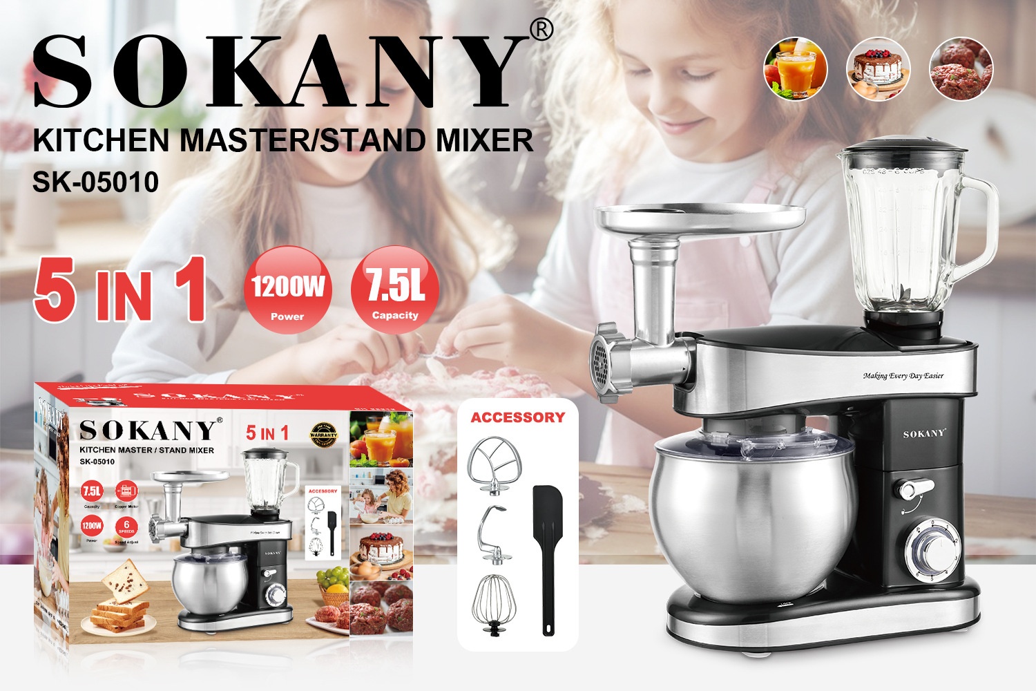 Dough Kneading Machine Household7.5 LChef Machine Baking Juice Minced Meat Cooking Machine Mixer