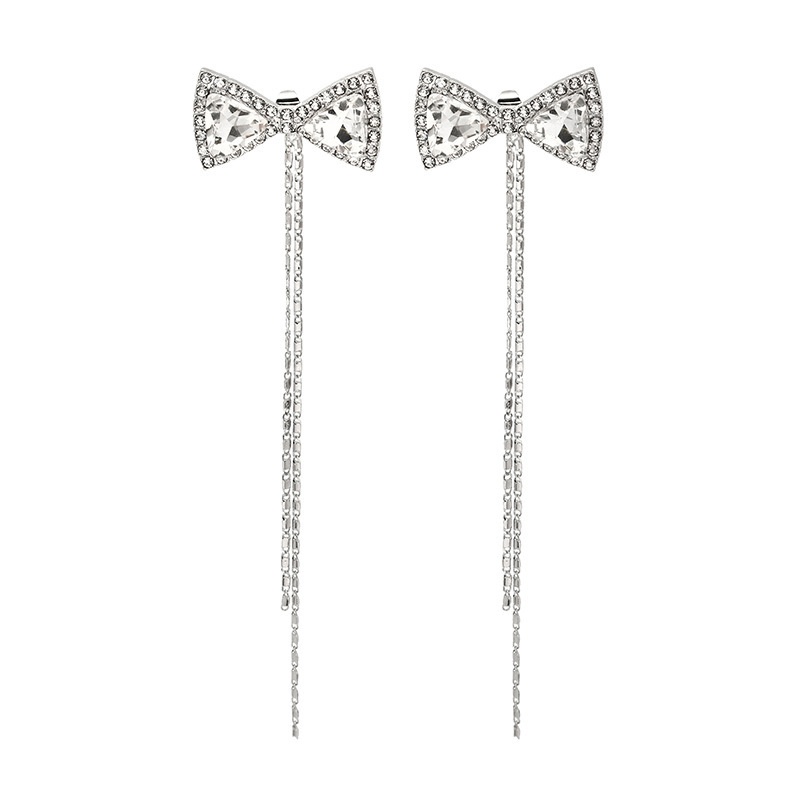 Silver Needle Crystal Bowknot Earrings Long Tassel Temperament Earrings Fashion Simple Net Red Personality Earrings For Women