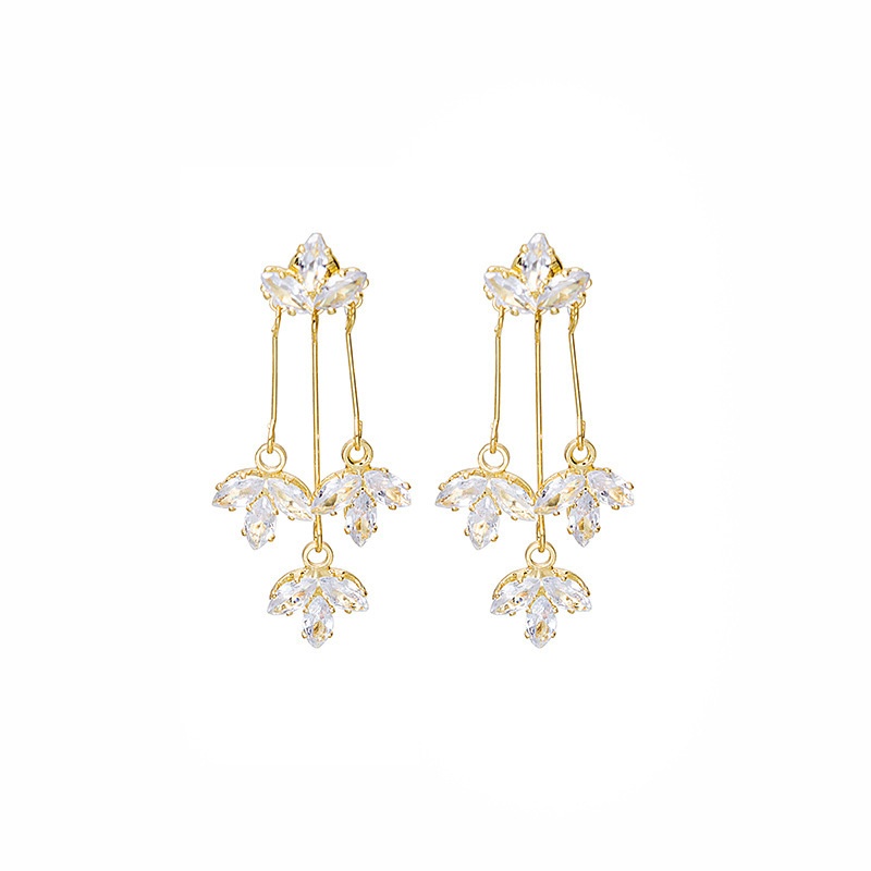 Silver Needle Flashing Zircon Maple Leaf Tassel Leaf Earrings Tassel Super Fairy Elegant Earrings