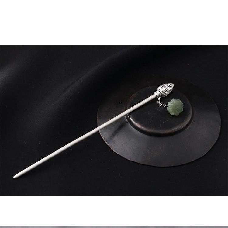 [Lotus Step-Shake]Ancient Hairpin S925 Sterling Silver Women's Ancient Hairpin Hetian Jade Lotus Tassel Retro Ethnic Style
