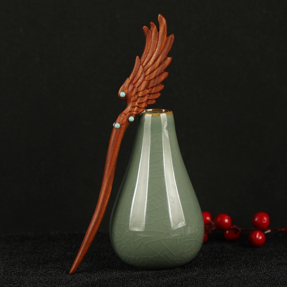 Retro Imitation Turquoise Red Sandalwood Feather Hairpin Fashionable Exquisite Carving All-match Hairpin Ancient Style Cheongsam Hair Accessories