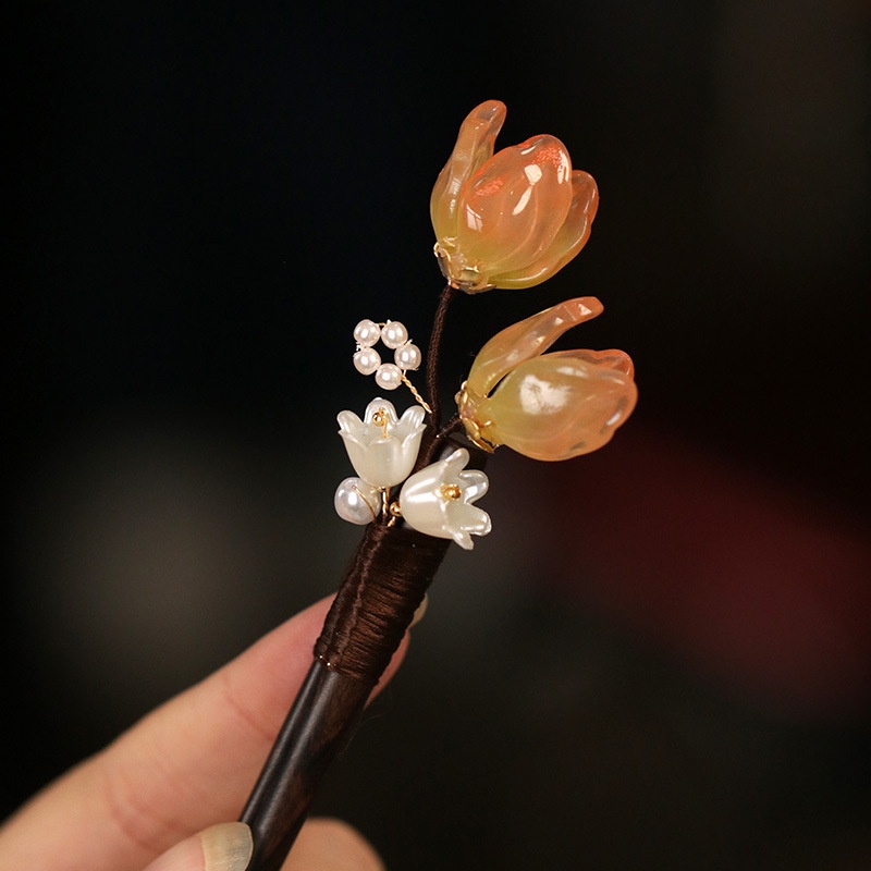 Chinese Style Flower Bun Wooden Hairpin Black Wood Hairpin Hanfu Accessories Step-shaking Simple Modern Retro Style Headdress Female