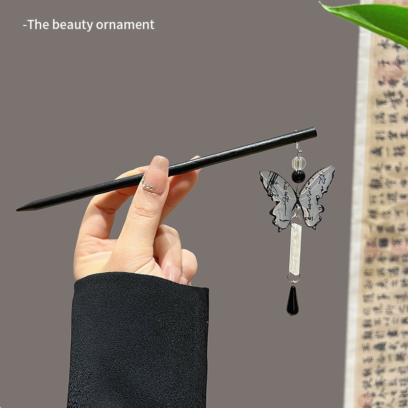Chinese Style Butterfly Hairpin Female Calligraphy Ancient Style Tassel Hair Fork Back Of The Head Hairpin Headwear