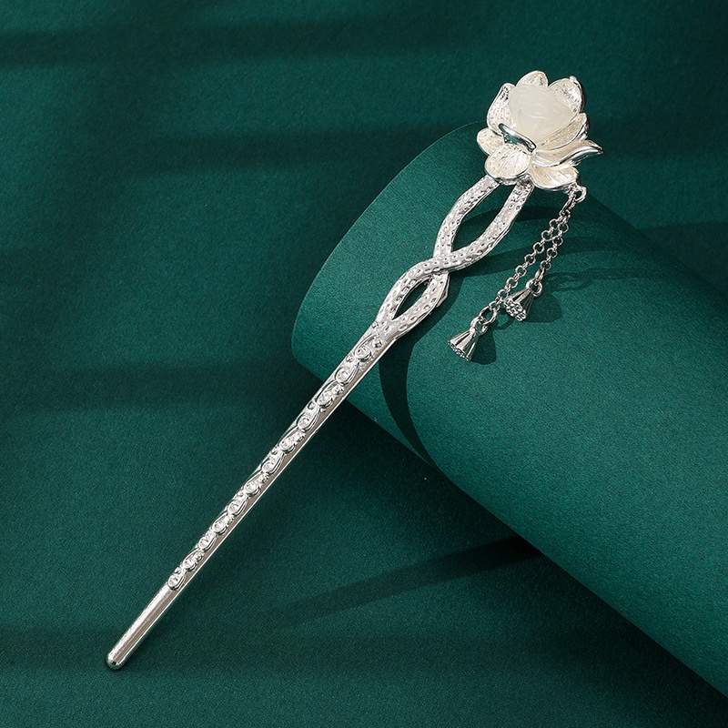 Blooming Lotus Hairpin Hetian Jade Hairpin925 Sterling Silver Ancient Style Hanfu Headdress Valentine's Day Gift For Girlfriend