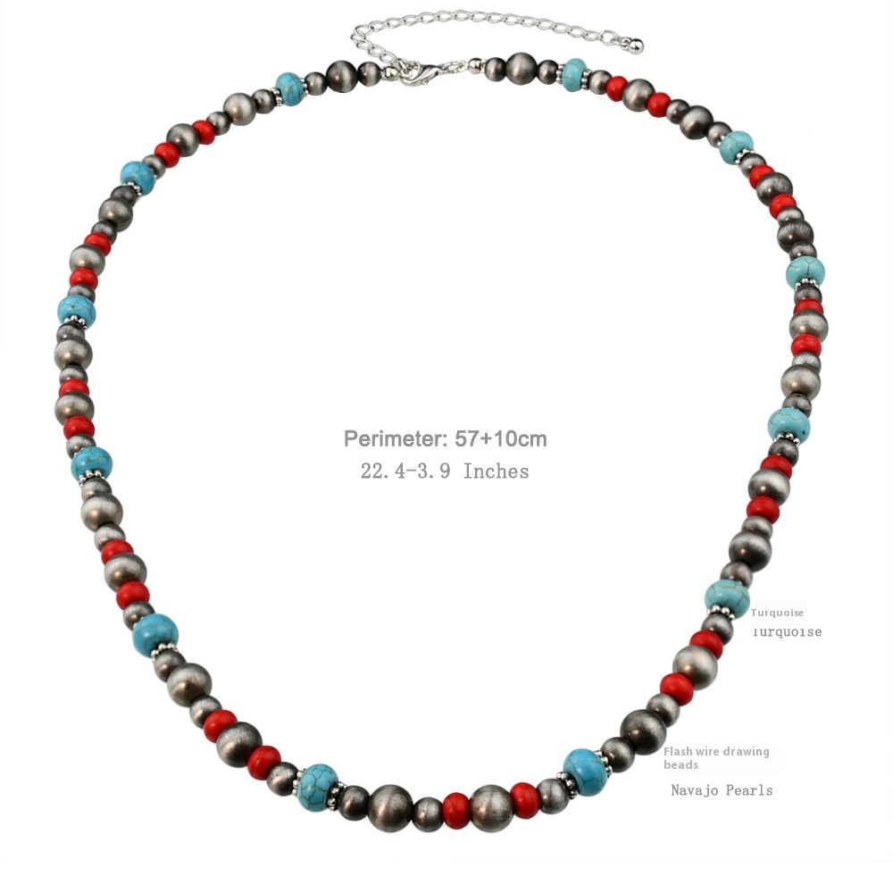 Retro Bohemian Red Turquoise Beaded Jewelry Ethnic Style Ancient Tin Necklace Earrings Bracelet Three-piece Set