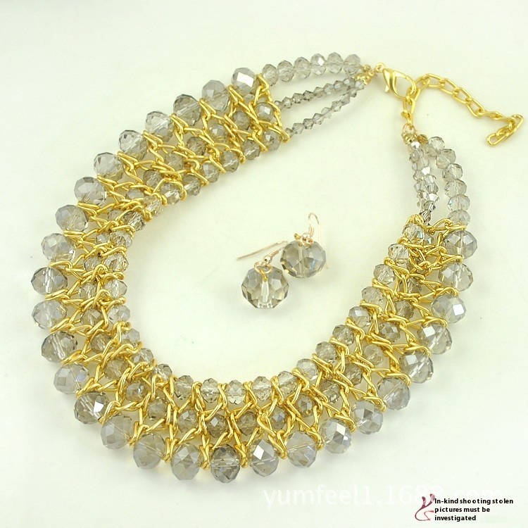S101 European And American Short Necklace Fashion Multi-layer Crystal Beaded Necklace Earrings Jewelry Set