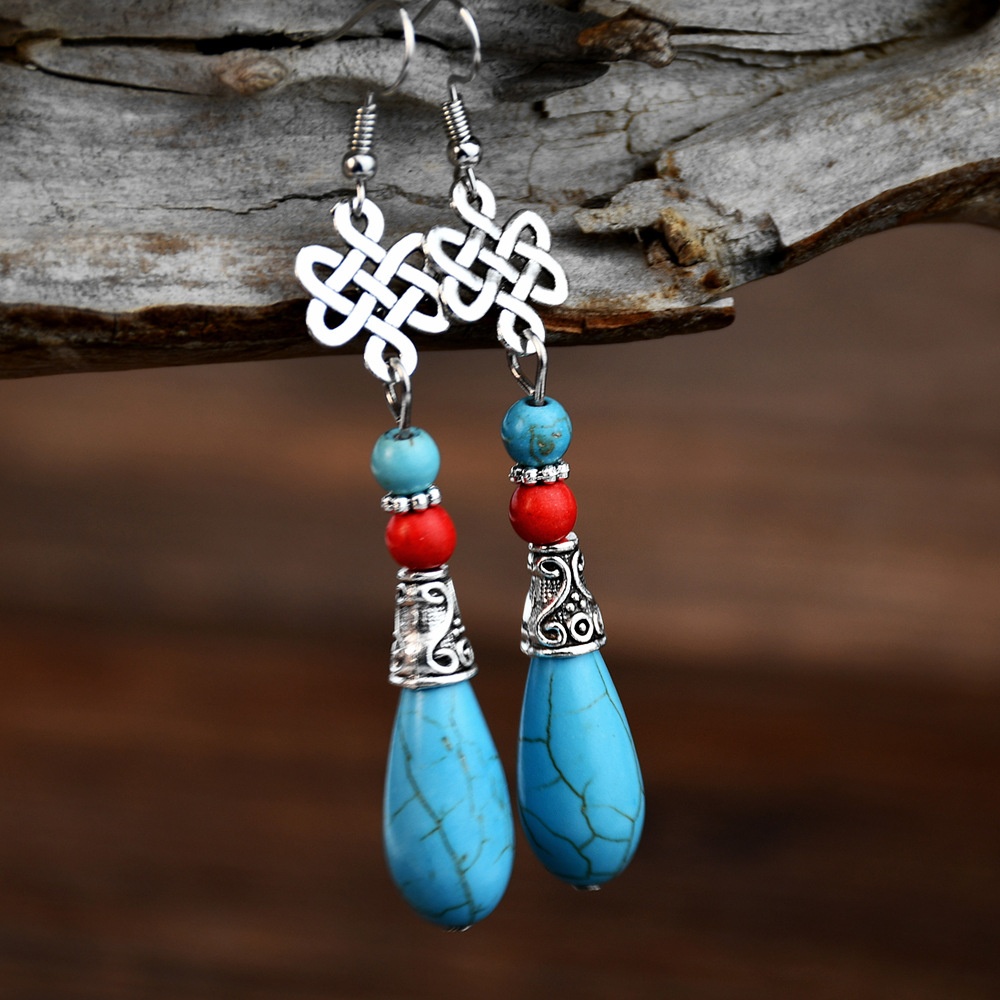 National Style Retro Temperament Turquoise Water Drop Earrings Bohemian Ethnic Style Beaded Earrings Niche Foreign Trade Earrings