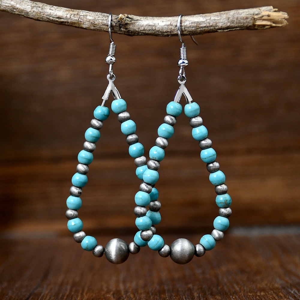 European And American Hot Water Drop-shaped Ethnic Style Earrings Temperament Turquoise Beaded Ancient Style Earrings Retro Earrings