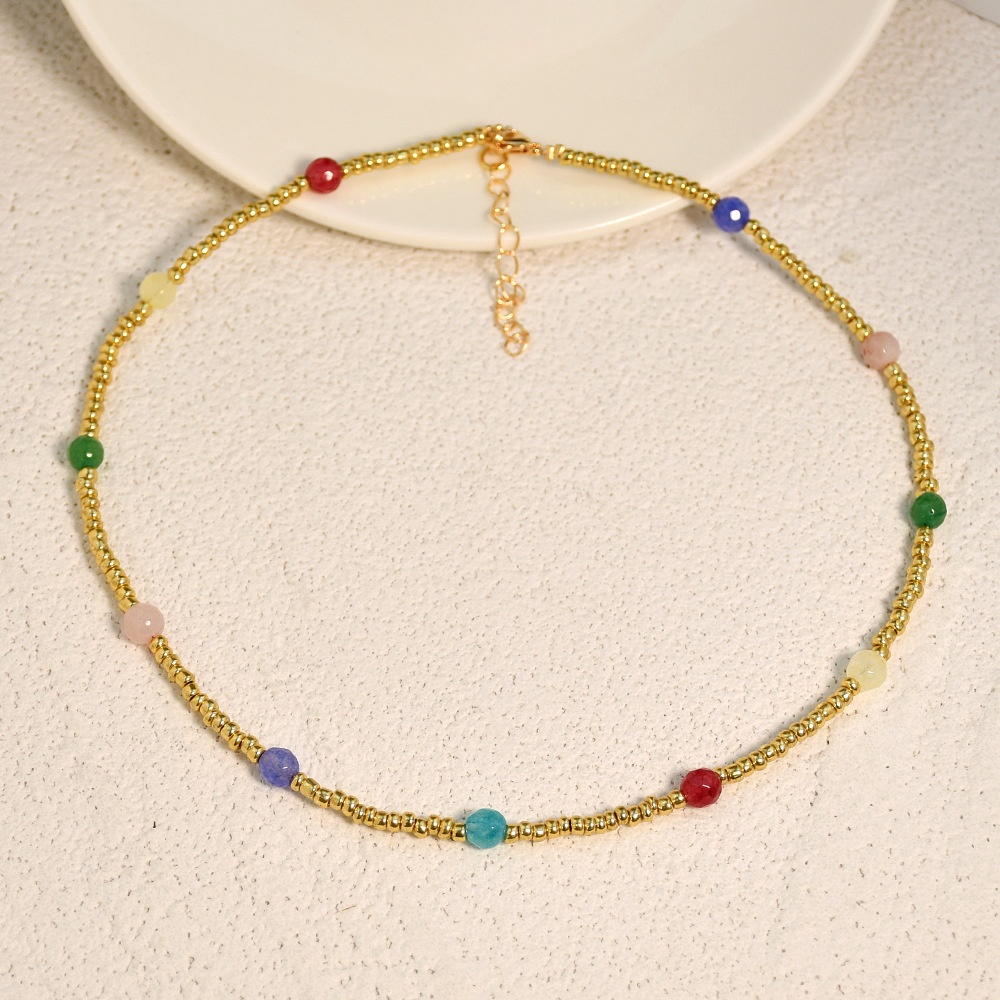 European And American Crystal Beaded Necklace For Women Strawberry Crystal Fairy Style Rice Beads Gold Clavicle Necklace Handmade Jewelry