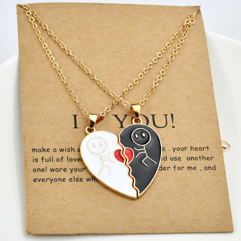 European And American Fashion Personality Heart-shaped Oil Drop Pendant Couple Splicing Love Necklace With Card Valentine's Day Gift
