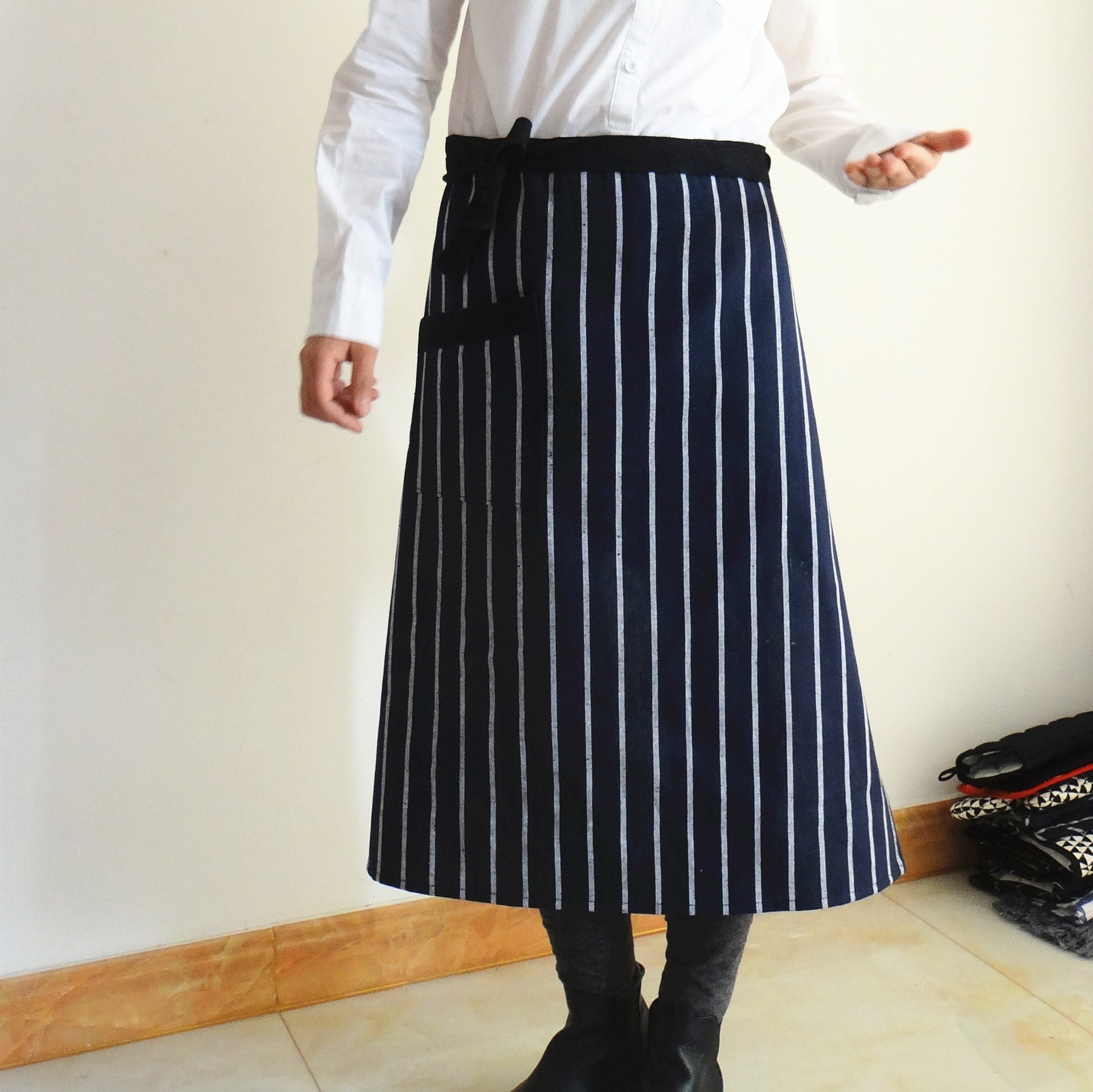 Cotton Black Blue Striped Home Kitchen Adult Half Apron