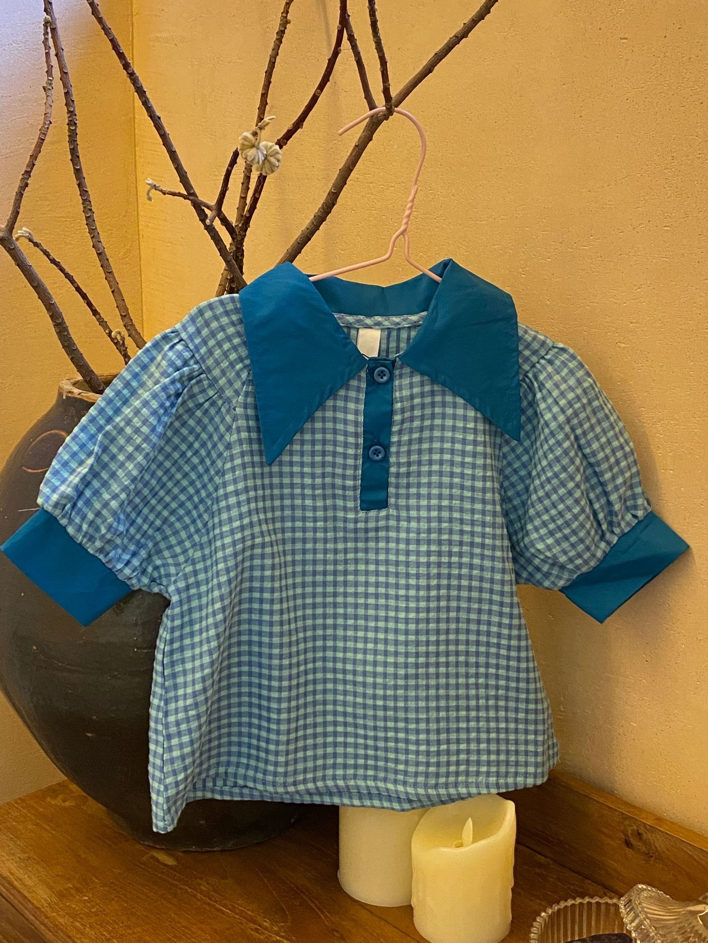 Laibaobao Summer Korean Children's Clothing Korean Version Refreshing Thin Blue Plaid Medium Children's POLOShirt T-shirt