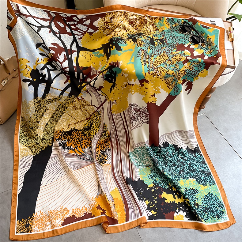 National Landscape Trees Large Silk Scarf Travel Sunscreen Silk Scarf Simulation Silk Shawl Fashion Women's Beach Towel