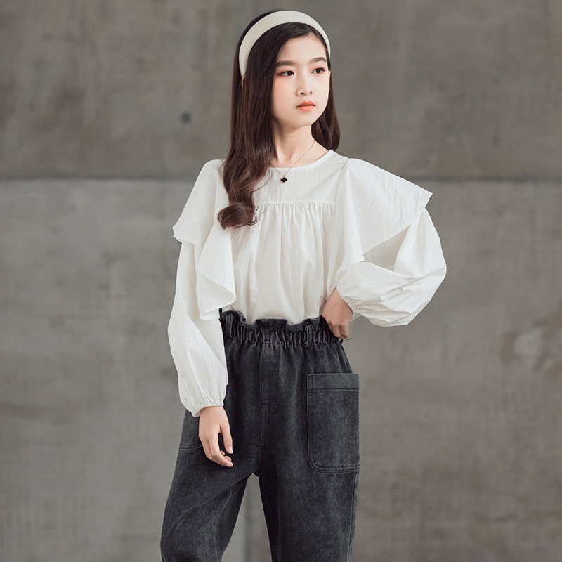 Girls Autumn Shirt Children's Loose Round Neck Long-sleeved Tops For Middle And Large Children Korean Version Parent-child Shirt