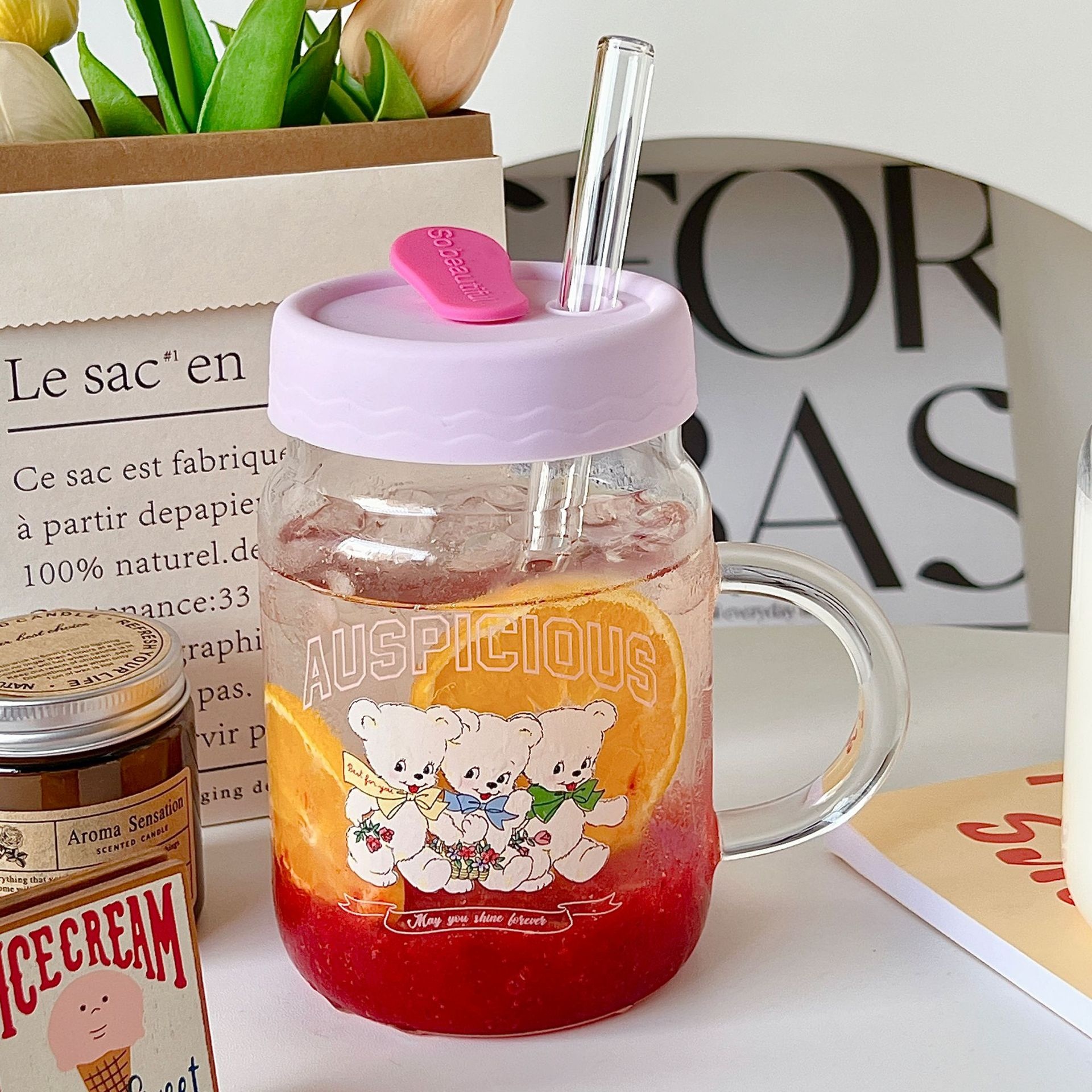 Bolimei Korean Style Glass Straw Cup Girl Heart Water Cup Student Drinking Water Cup Glass Cup