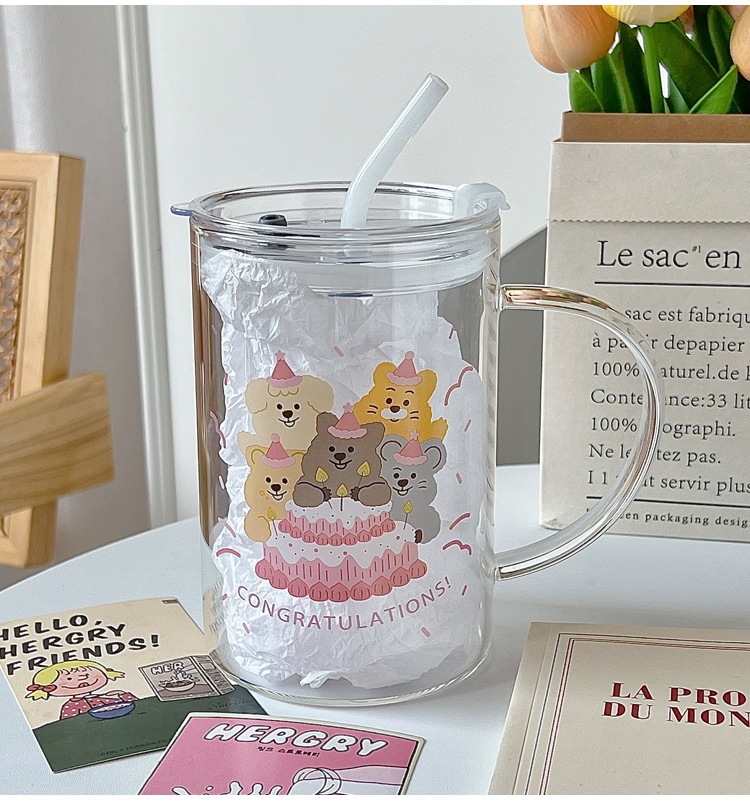 Bolimei High-value Large-capacity Glass Straw Cup Student Dormitory Drinking Water Cup Cartoon Love Dog Glass Cup