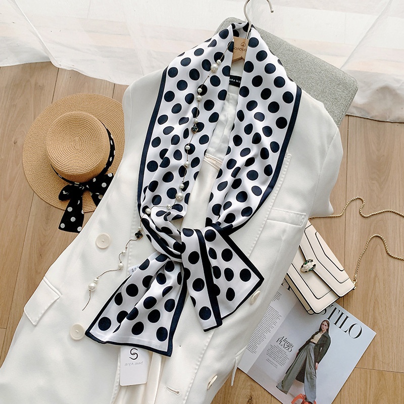 South Korea Dongdaemun Spring And Autumn Polka Dot Decorative Scarf Imitation Silk Narrow Long Silk Scarf Double Layer Printed Scarf