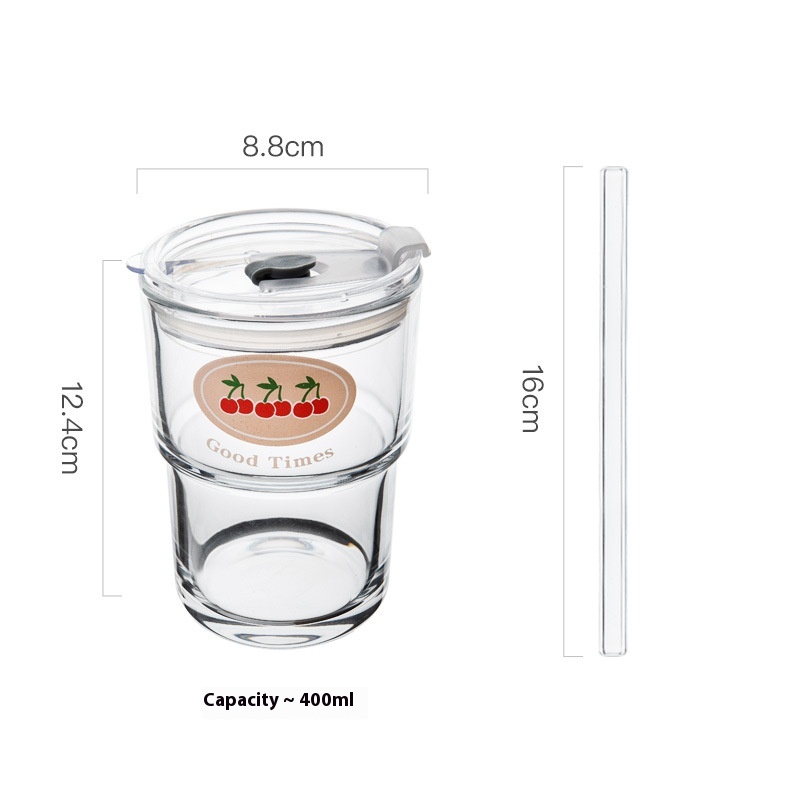 Japanese And Korean Style Fruit Series Girly Glass Straw Cup Student Coffee Milk Cup Stacking High Bamboo Cup