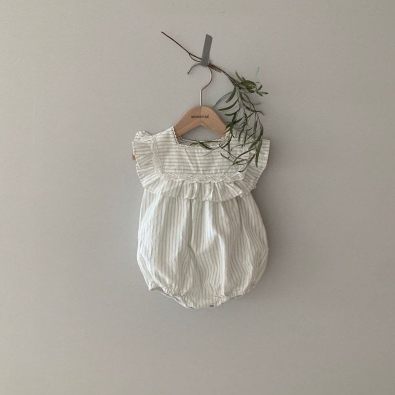 Korean Summer Cool Baby Girl Sleeveless Romper Pastoral Style Ruffle Striped Baby Jumpsuit Crawling Clothes