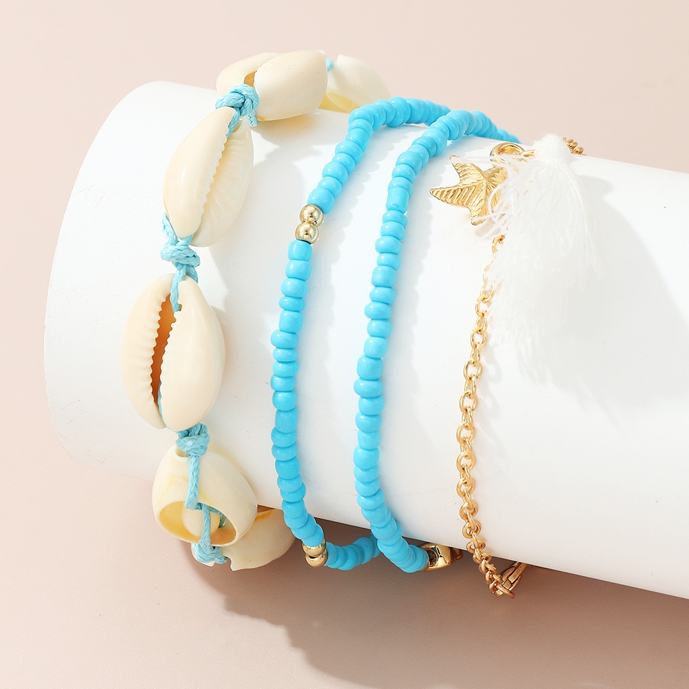 FZ0363 European And American Jewelry Bohemian Beach Rice Beads Foot Ornaments Female Fashion Multi-layer Conch Anklet