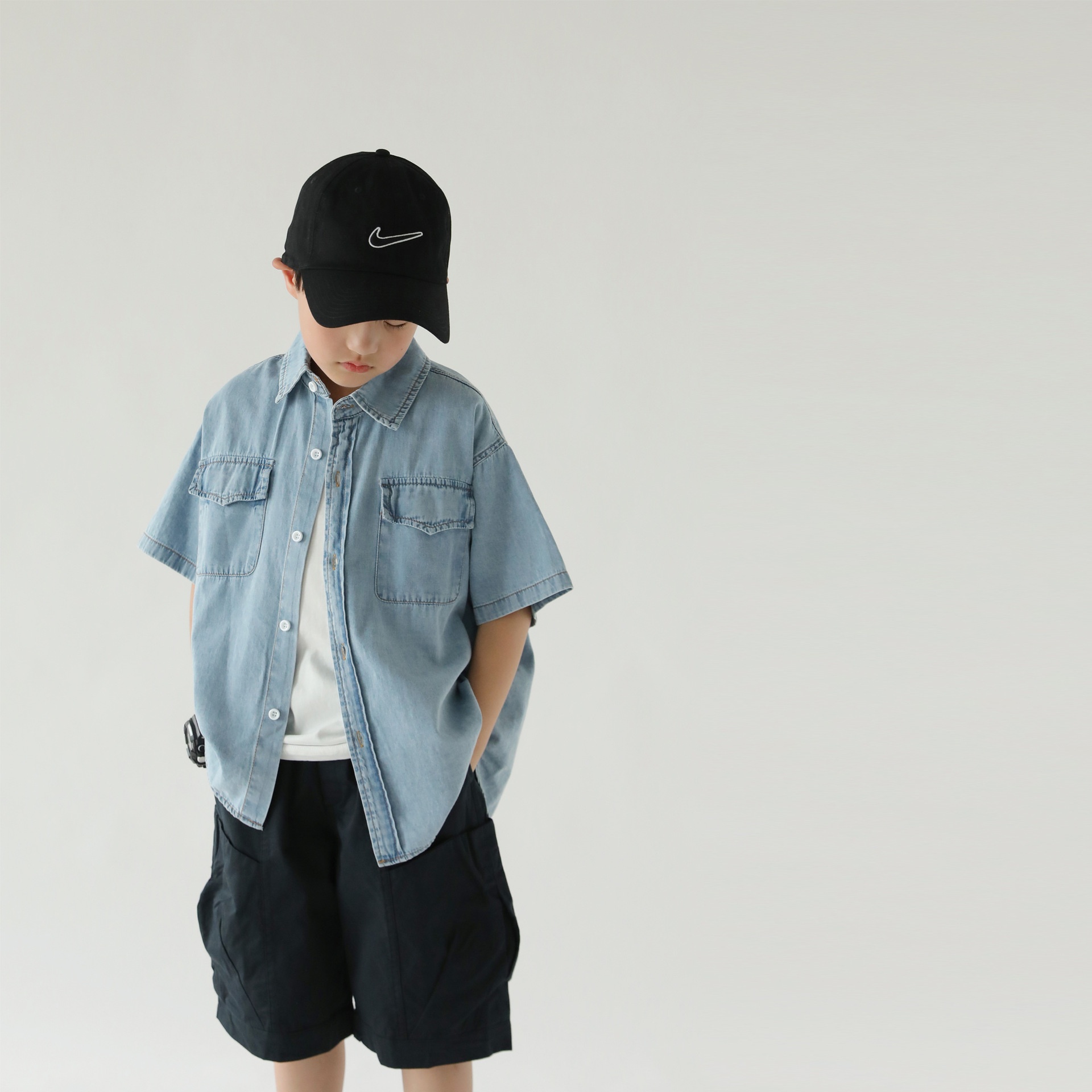 Summer Arrival Boys Casual Handsome Short-sleeved Shirt Children's Tencel Denim Stylish Shirt Light And Breathable