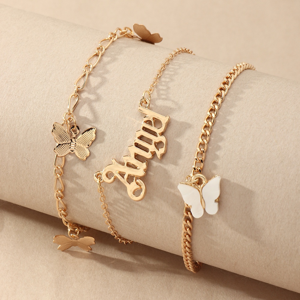 FZ0119 European And American Jewelry Personality Multi-layer Letter Angel Foot Ornaments Temperament Pink Butterfly Anklet