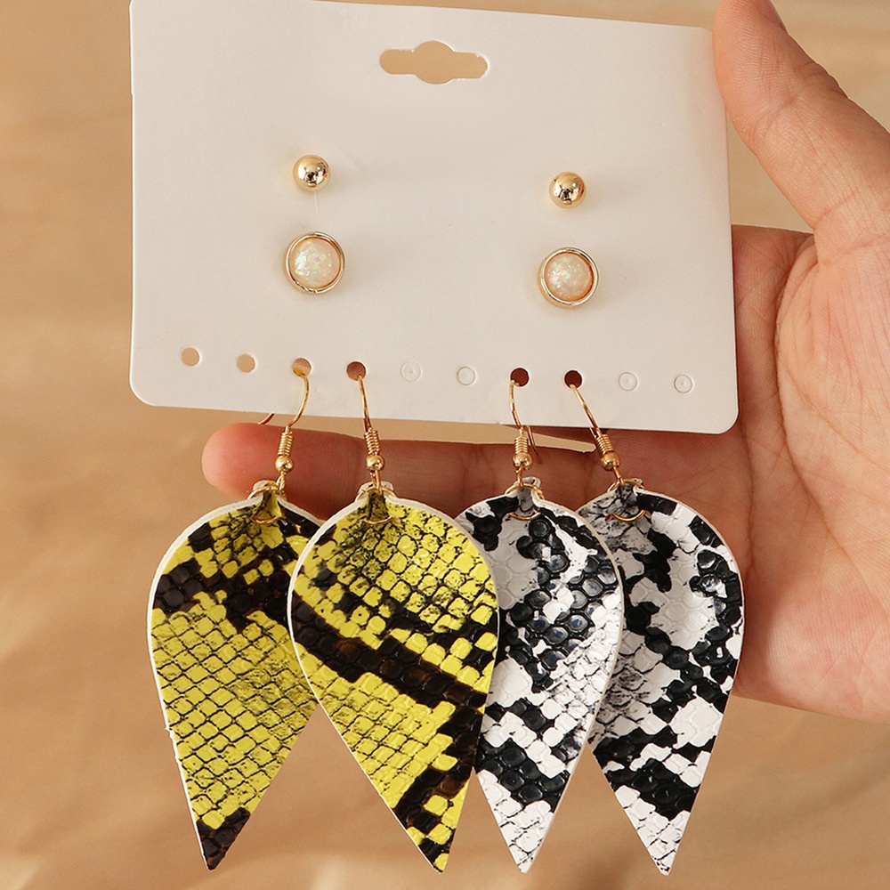 EZ2878 European And American Water Drop PULeather Earrings Retro Snakeskin Pattern Female Earrings Four-piece Earrings