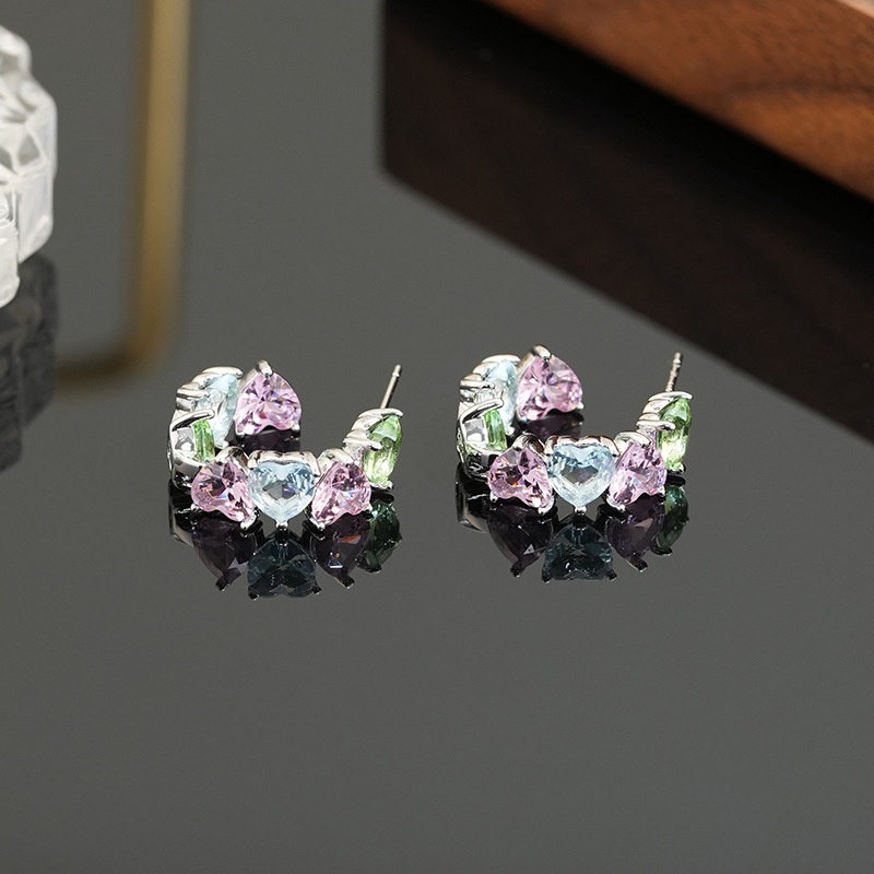 Color Zircon Love C-shaped Earrings Fashionable Temperament Dopamine Earrings Light Luxury Style Sweet Earrings