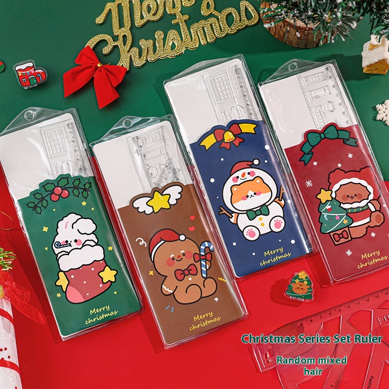 Student Cartoon Christmas Ruler Set Cute Triangle Ruler Four-piece Ruler Set Children's Christmas Stationery Gift