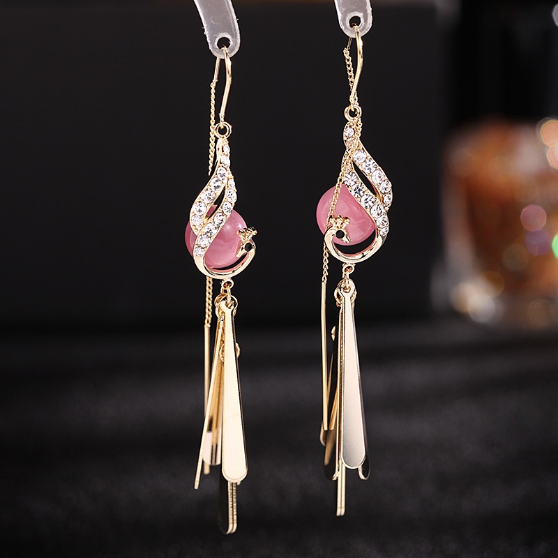 Spring And Summer Temperament Tassel Cat's Eye Stone Animal Earrings For Women Chinese Style Long Phoenix Anti-lost Earrings