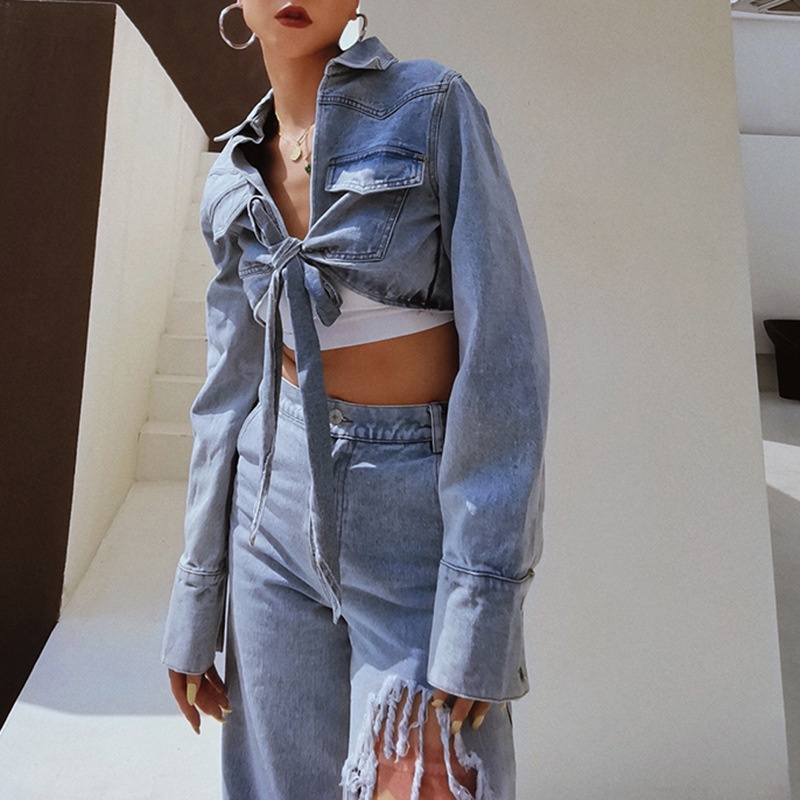 Spring Women's Clothing American Retro Versatile Short Slim Lapel Heavy Blue Denim Jacket Female Outer Wear Strap Style