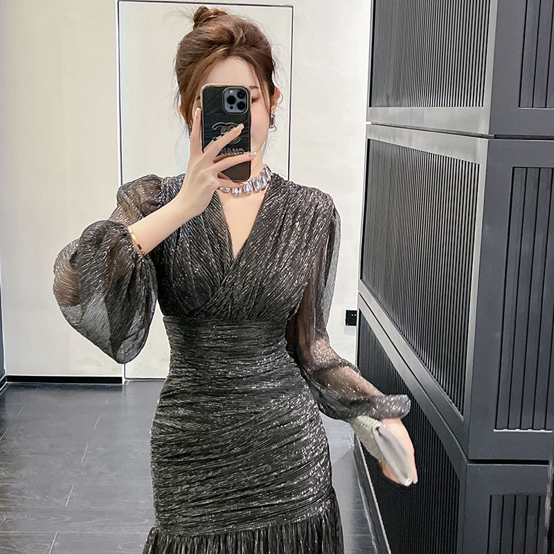 Spring Women's French V-neck Design Pleated Waist Long Sleeve Mesh Fishtail Dress40281