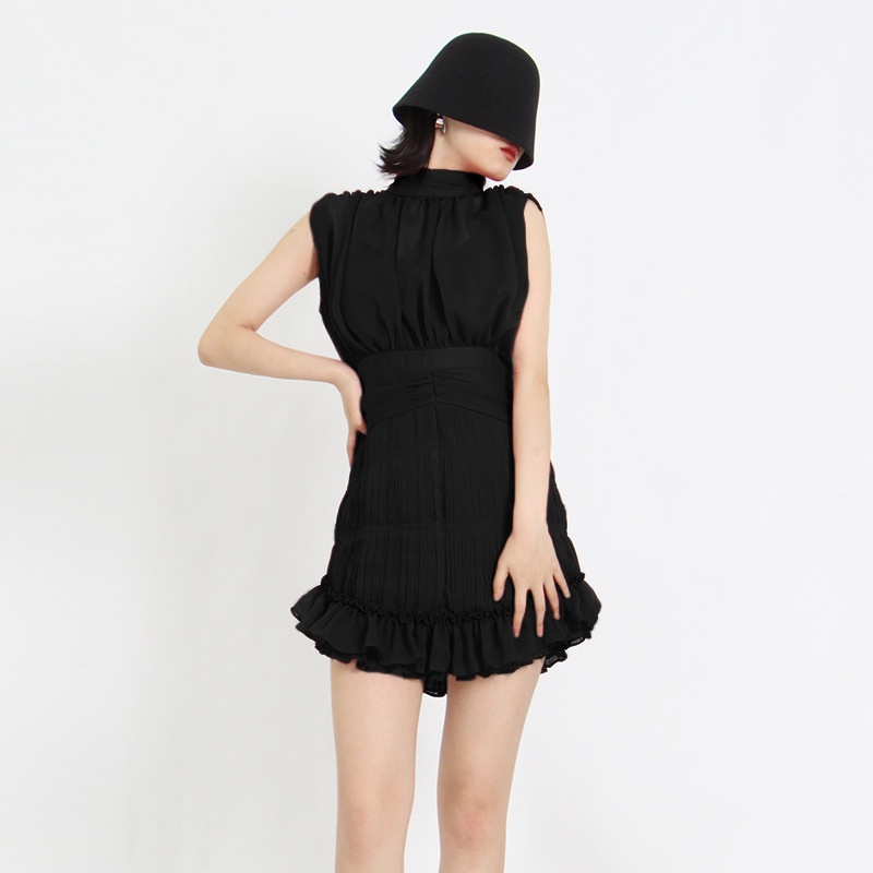 Temperament Elegant Ruffled Short Skirt Spring Style Fashion Stand Collar Sleeveless Waist Slim Dress Female