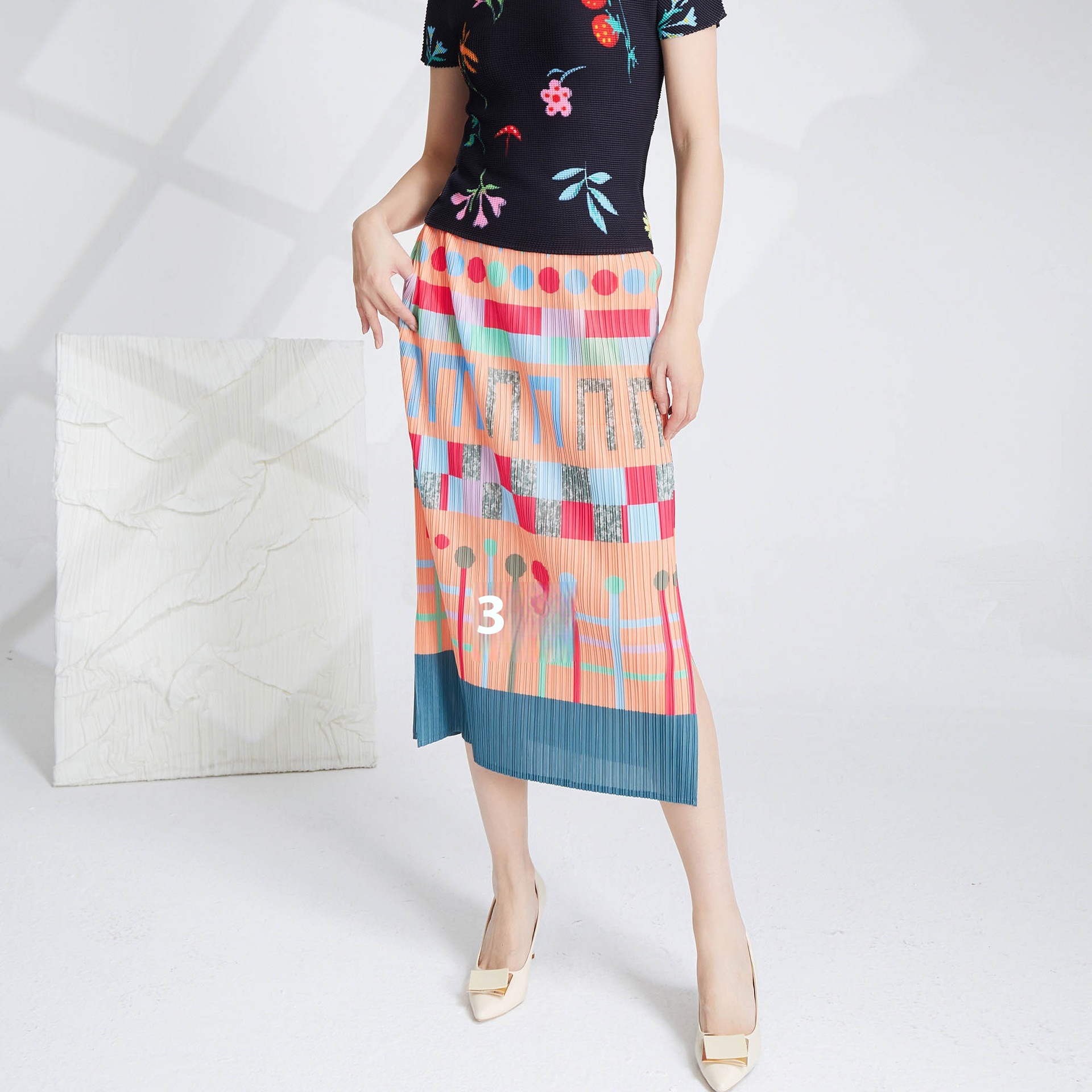 Xiaohongshu Hot-selling Miyake Printed Skirt For Women,Printed Niche,Split,Temperament,Pleated,Versatile,One-step Wrap Skirt