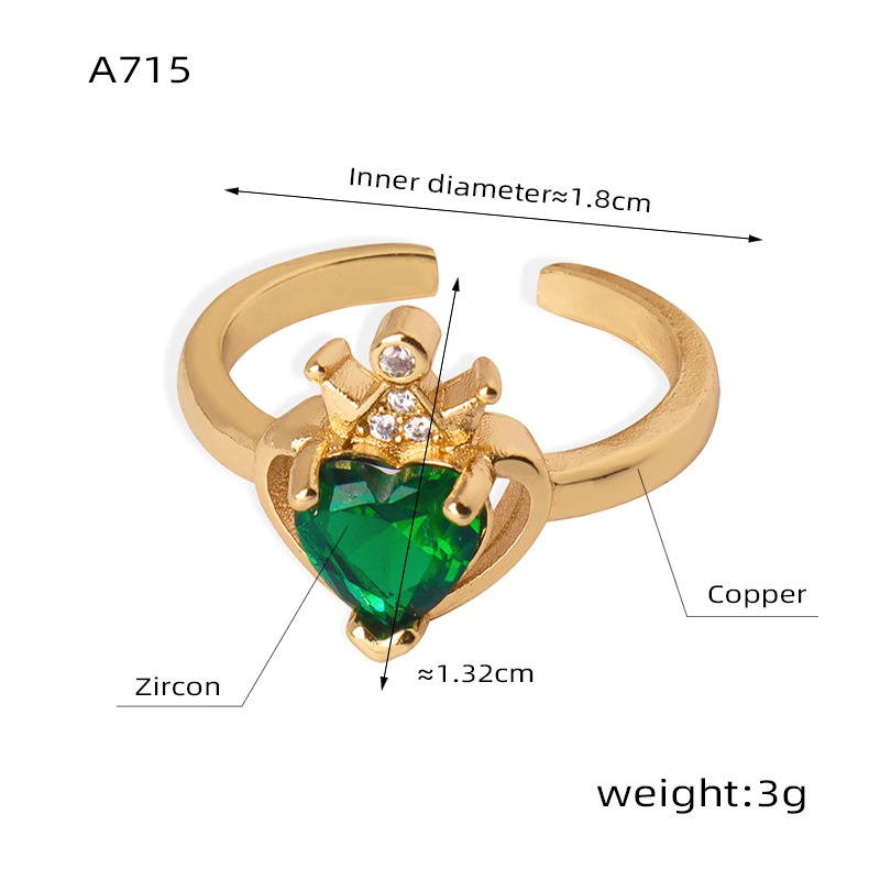 Light Luxury Style Geometric Jewelry Inlaid With Love Zircon Design Crown Shape Copper Material Ring