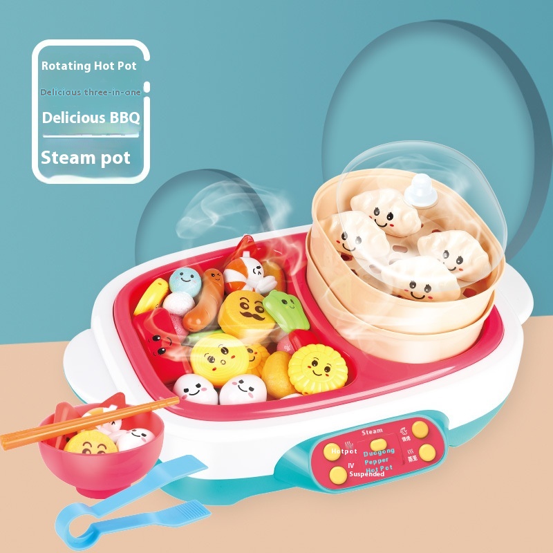 Children's Play House Kitchen Set Boys And Girls Electric Rotating Steam Hot Pot Big Le Bucket Barbecue Stove Cooking Toys