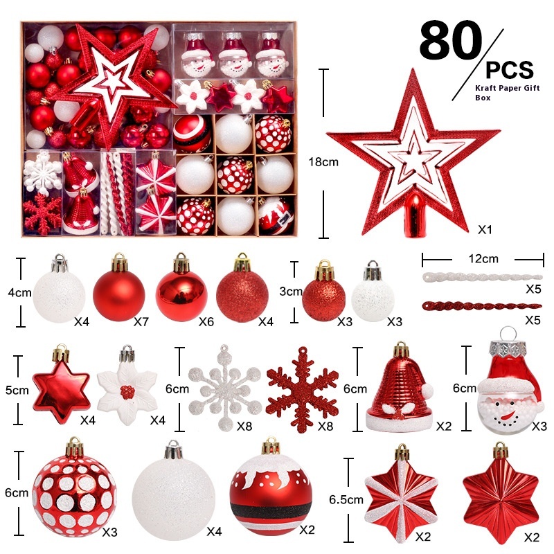 Christmas Decorations80 PCSSet:Tree Top Star,Painted Christmas Balls,And Gift Box Set