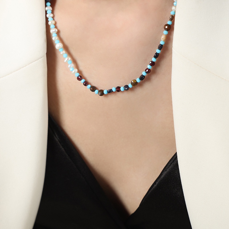 Bohemian Style Fashion Simple Jewelry Natural Agate Freshwater Pearl Handmade Beaded Design Titanium Steel Necklace