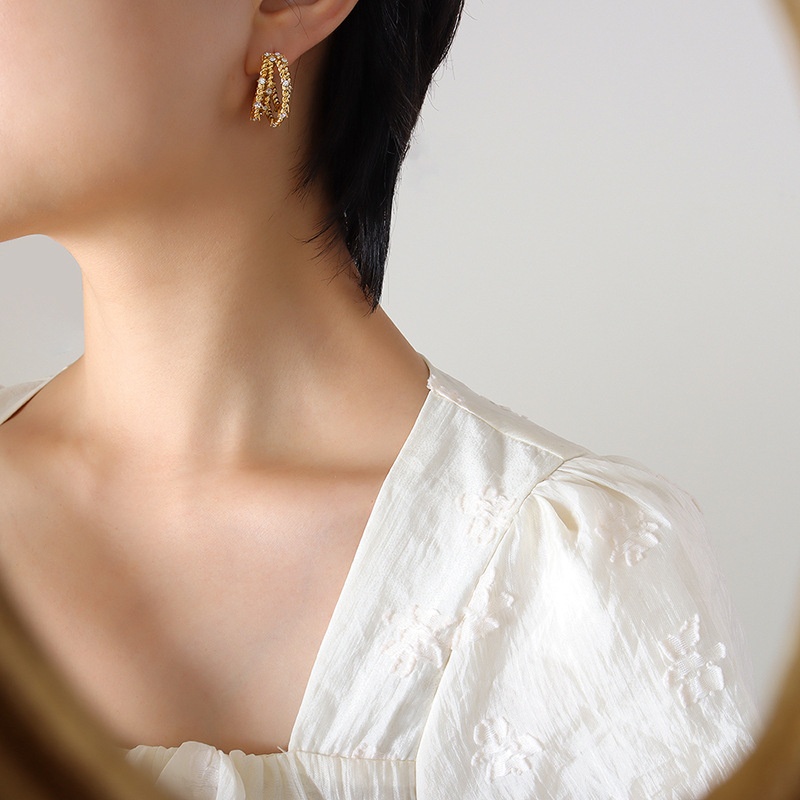 Korean Earrings Style Summer Designer Original Personality Non-fading Inlaid Zircon Four-layer C-shaped Earrings Jewelry