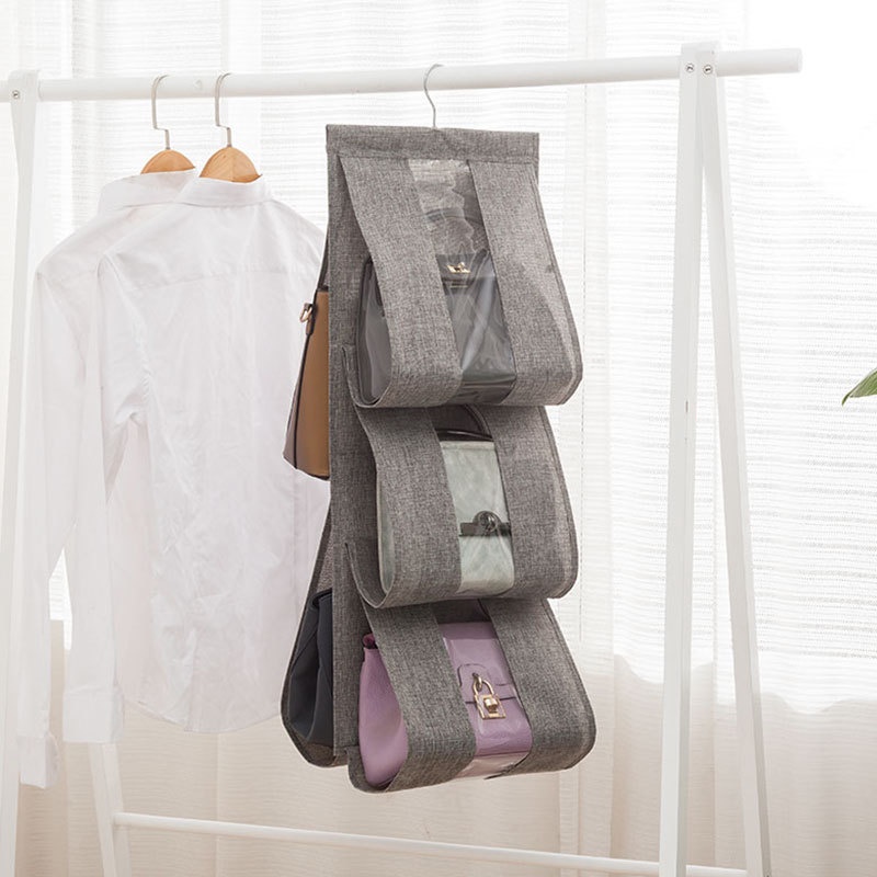 Hanging Wardrobe5 Compartment Bag Storage Hanging Bag Multifunctional Window-transparent Linen Stainless Steel Hook Hanging Bag