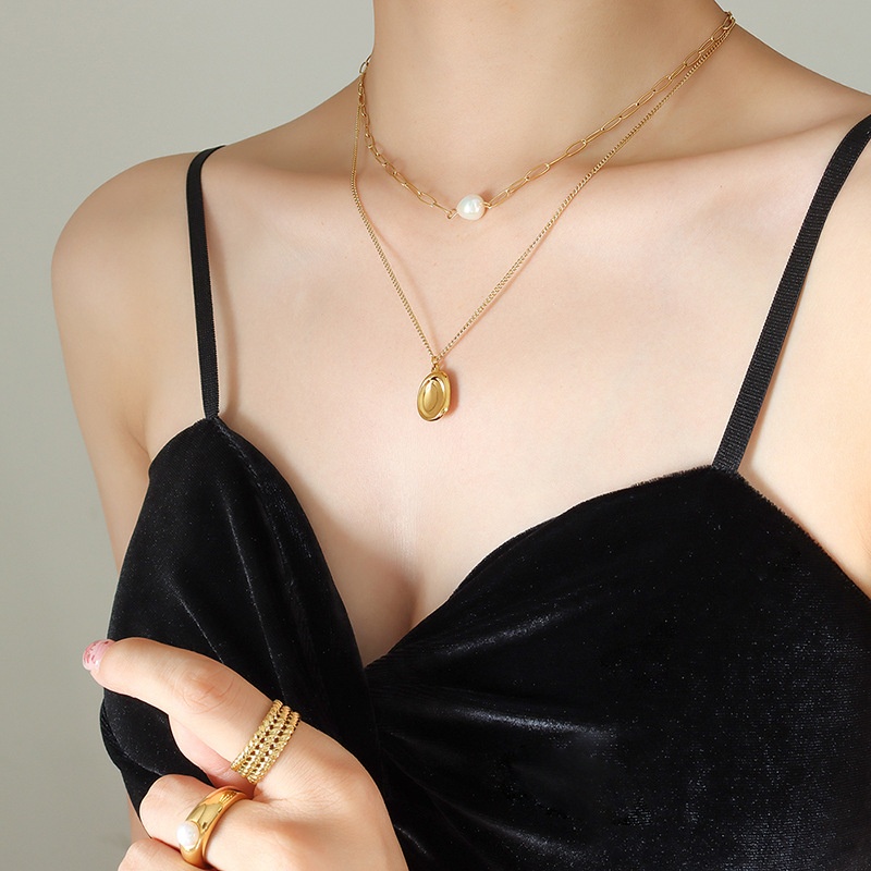 European And American Concave And Convex Pendant Double Layer Stacked Freshwater Pearl Necklace Female Niche Design Gold-plated Clavicle Necklace P831