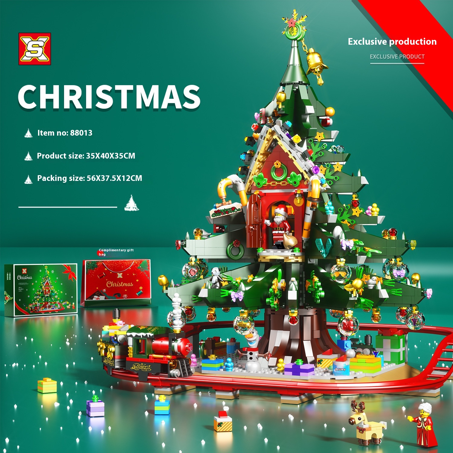 Free Shipping Double Elephant88013 Large Christmas Tree House Street View Model Train Assembled Building Block Toy Christmas Gift