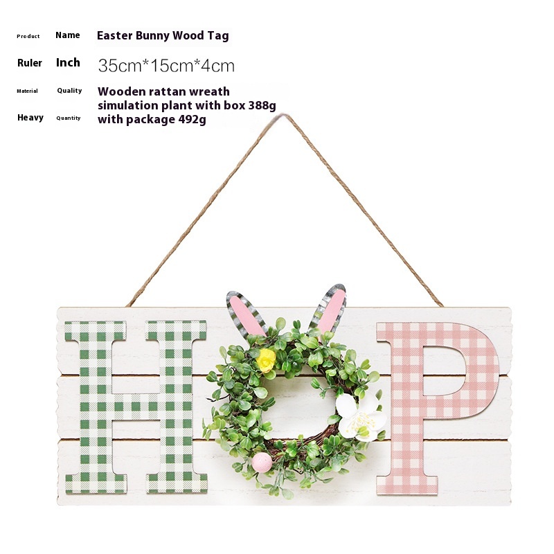 Rabbit Wooden Simulation Flower Wreath Hanging Easter Decoration Pendant