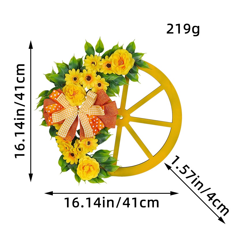 Spring Yellow Flower Wheel Wreath Simulation Bow Wreath Creative Wooden Wheel Decorative Flower