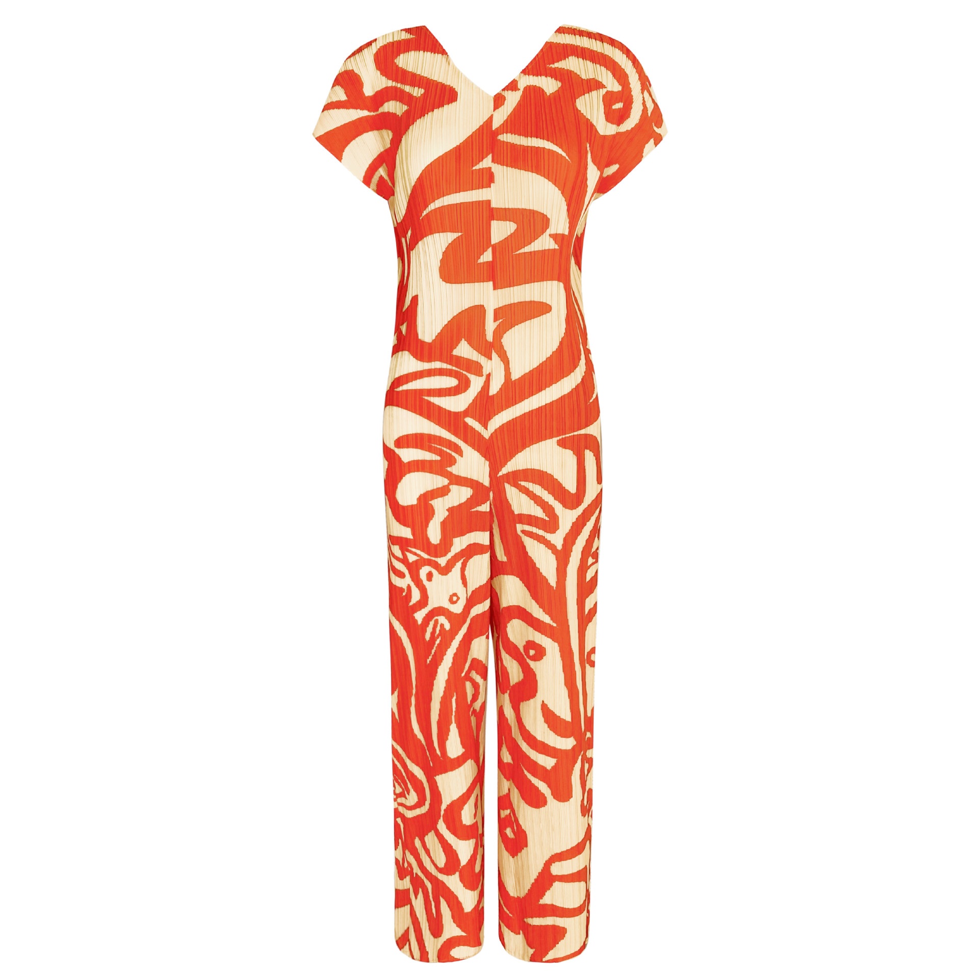 Miyake Spring Painting Pleated V-neck Short-sleeved Slim Fit Casual Style Women's Jumpsuit