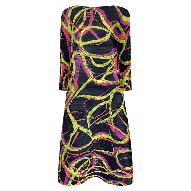 Miyake Spring Women's Design Loose Line Printing Slit Casual Pleated Midi Skirt Women's Dress