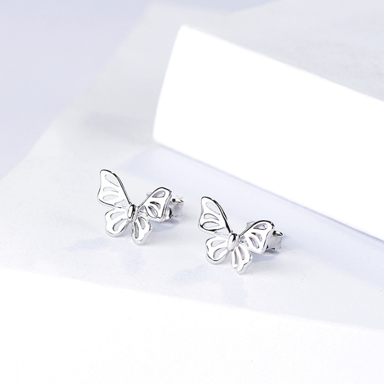 S925 Sterling Silver Hollow Butterfly Earrings Korean Temperament Fashion All-match Girly Heart Earrings One Piece Dery