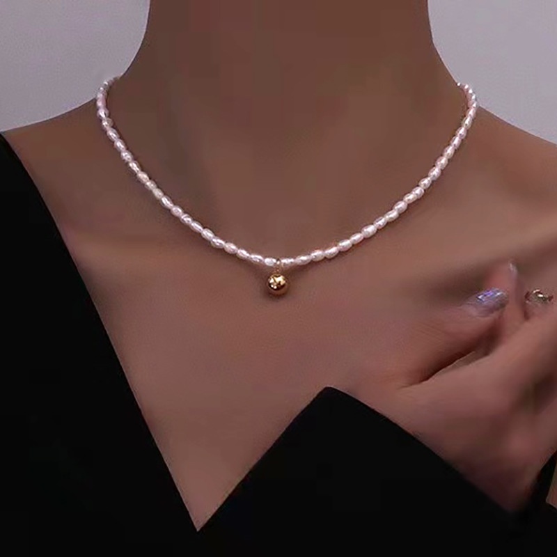 Japanese And Korean Natural Freshwater Pearl Necklace Niche High-end14k Gold-filled Small Gold Ball Necklace Clavicle Chain
